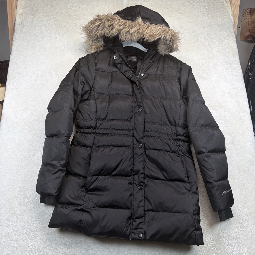 Eddie Bauer Girls L 14 Black Down Puffer Parka Faux Fur Hood Long Winter Coat